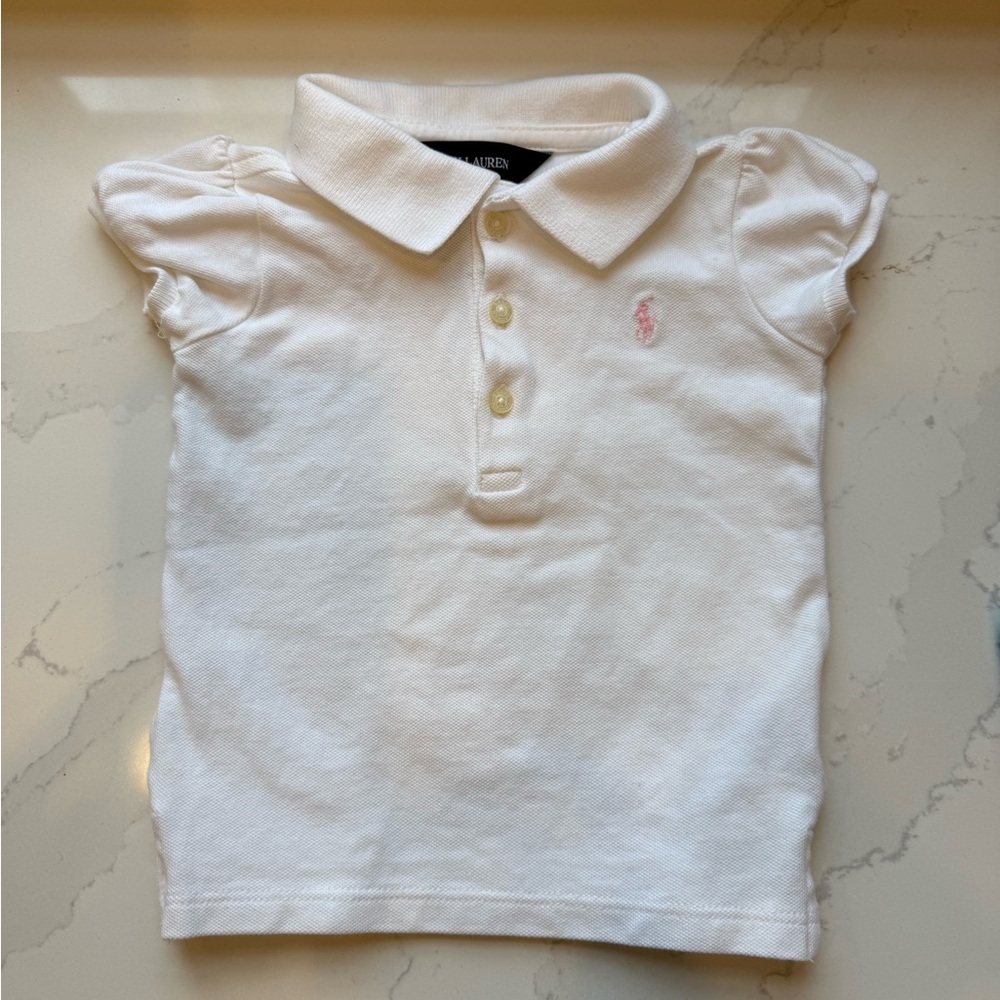 Ralph Lauren white pique polo shirt 12 months baby toddler girls pink GUC